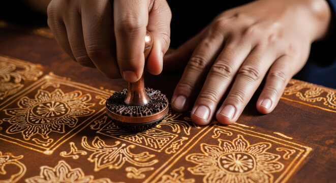 Batik Printing Hand Crafting Ornate Traditional Patterns on Leather Surface