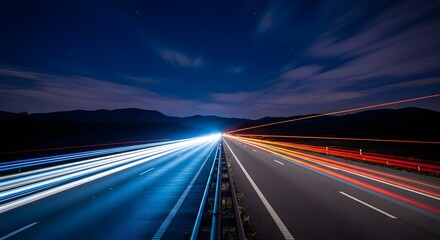 Obraz premium Night highway speed a long exposure view of moving vehicle lights