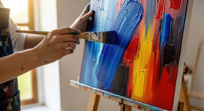 Painter Adding Blue Oil Paint Stroke to Abstract Canvas Art in Studio