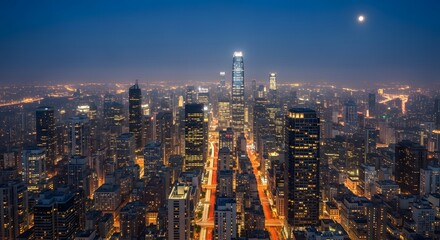 Fototapeta premium Night Cityscape Aerial View Tall Skyscrapers Bright Streets