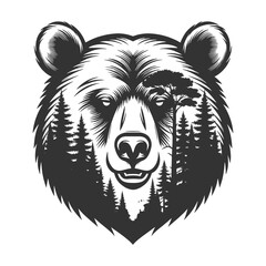 Obraz premium bear face combined with pine forest silhouettes, creating a nature-inspired wildlife graphic design sketch engraving generative ai vector illustration. Scratch board imitation. Black and white image.