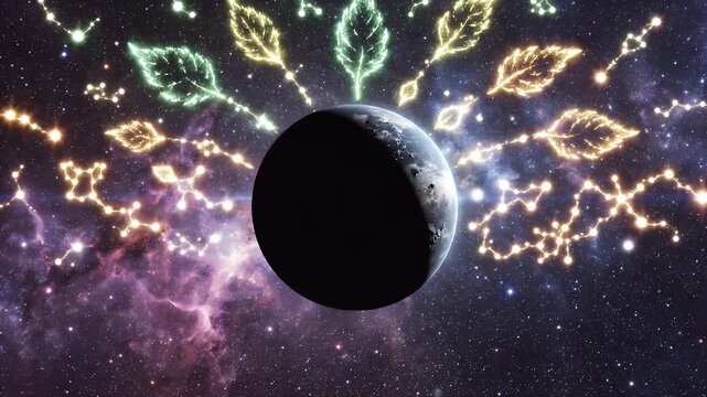 Earth Silhouette Amongst Glowing Constellations and Starry Nebula in Deep Space with Stylized Leafy Ornaments