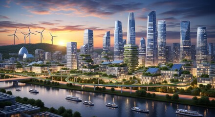 Obraz premium Panoramic view of modern sustainable city at sunset with green buildings and wind turbines.