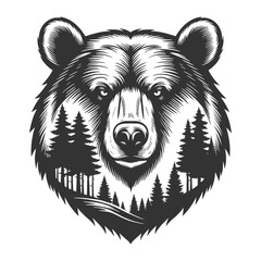Obraz premium bear face combined with pine forest silhouettes, creating a nature-inspired wildlife graphic design sketch engraving generative ai vector illustration. Scratch board imitation. Black and white image.