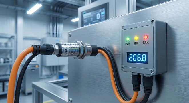 Industrial sensor labeled sensor 1 connected to a control unit with PWR INT ERR indicators and a digital display showing 206.8 in a modern factory setting.