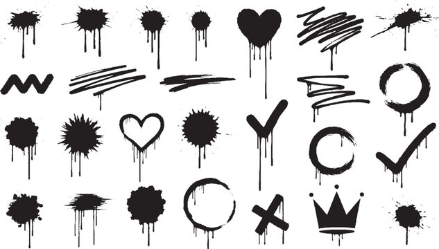 Large collection of black graffiti spray paint design elements featuring drips splatters ink blots hearts crowns and checkmarks for urban street art style graphic projects graffiti splatter