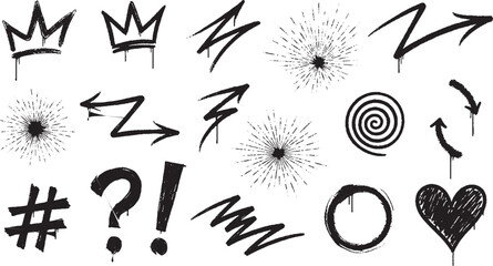 Collection of hand drawn graffiti elements crowns and symbols with graffiti question exclamation collection illustration creative decoration isolated abstract artistic ornament © HexaFrame