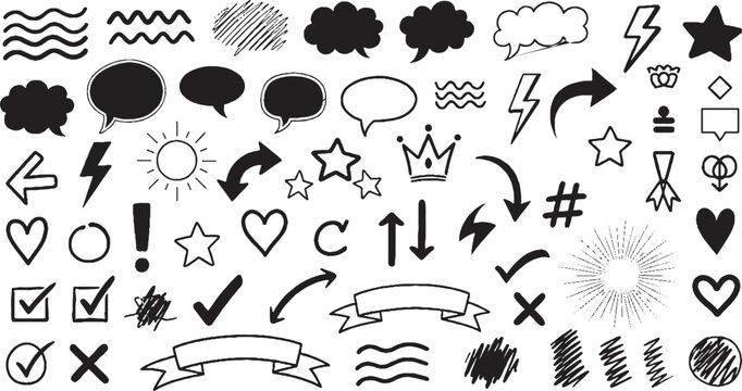 Comprehensive set of hand drawn doodle icons and graphic elements with lightning collection illustration creative decoration isolated checkbox communication ornament