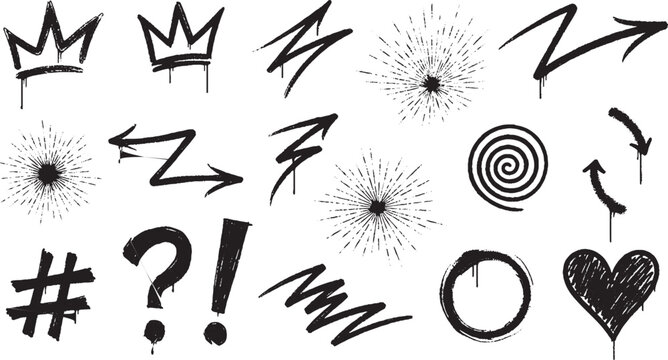Collection of hand drawn graffiti elements crowns and symbols with graffiti question exclamation collection illustration creative decoration isolated abstract artistic ornament