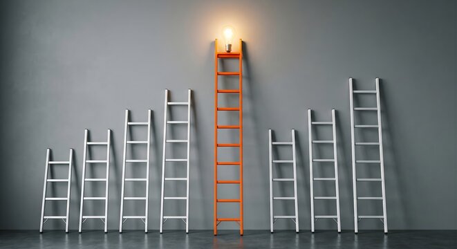 Orange ladder with glowing light bulb at top stands out among several shorter white ladders against grey wall symbolizing unique idea leadership and career advancement in competitive business world.