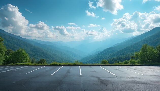 Empty parking lot overlooks layered blue mountains and green forest. Sunlit clouds drift across a vast sky. Offers a sense of calm and open space for travel or nature themes.