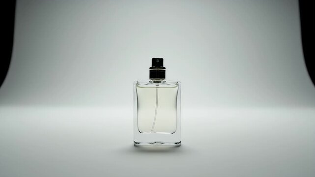 Elegant glass perfume bottle with black spray cap and golden accent displayed on a clean white cyclorama background under soft studio lighting