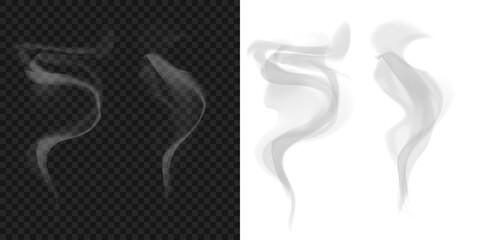 Abstract smoke on a PNG background. Set of realistic transparent smoke or steam clouds in white and gray. Fog and mist effect for coffee and tea isolated on transparent background. © Максим Славов