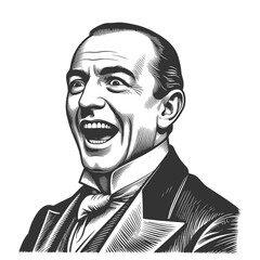well-dressed man laughing, featuring vintage engraving style with expressive facial detail and formal attire sketch engraving generative ai vector illustration. Scratch board. Black and white image.