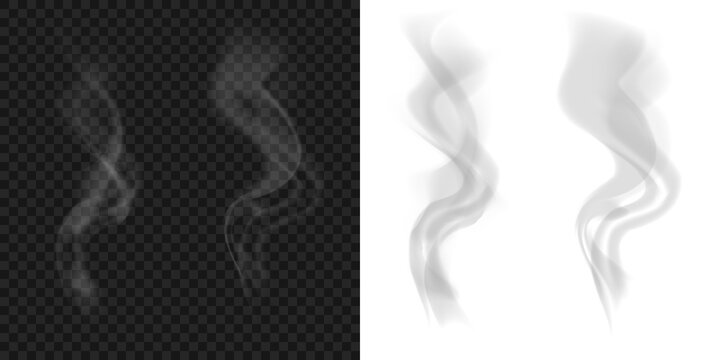 Smoke collection isolated on transparent background PNG. Realistic white and gray smoke steam waves for hot drinks and food. Abstract smoke clouds for professional photo manipulation.