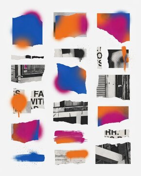 High-detail design asset pack collage with mixed media cutouts and subtle grain texture in editorial graphic style