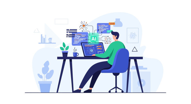 Innovative man working on AI development on laptop at a modern desk with plants on isolated white background.