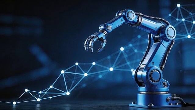 Blue robotic arm with digital network overlay artificial intelligence automation smart manufacturing industry 40 futuristic technology machine learning precision engineering high