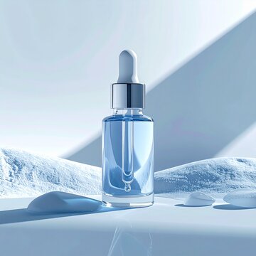 A luxurious skincare essence bottle with a dropper sits on an icy surface in a studio setting.