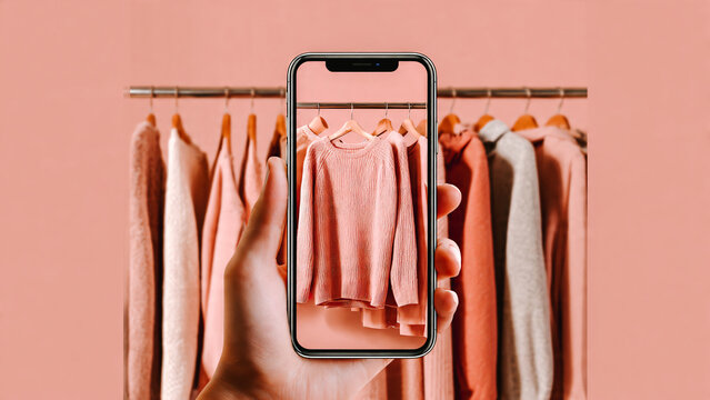 Main tenant un smartphone pour prendre un photo d'un v&ecirc;tement  pour une annonce de revente sur internet