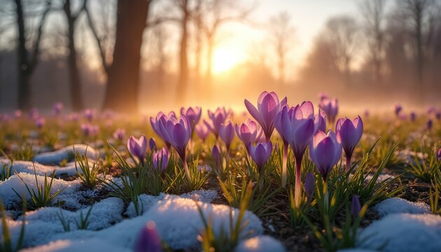 Purple crocuses bloom through melting snow at sunrise. Golden sun rays pierce morning mist over a field. Spring wildflowers emerge, signaling new life and season change.