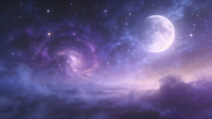 Fototapeta premium Enchanting celestial nightscape with a radiant full moon illuminating swirling cosmic clouds and a distant galaxy, creating a magical and dreamy atmosphere