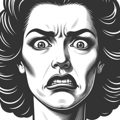 woman with a shocked, fearful facial expression, wide eyes and tense features showing anxiety or surprise sketch engraving generative ai vector illustration. Scratch board imitation. Black and white.