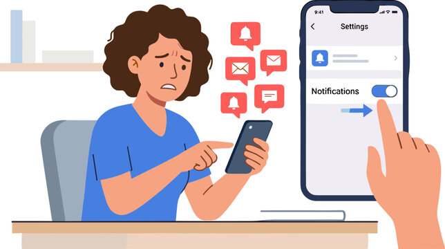 Woman enabling notifications on her phone at a desk indoors