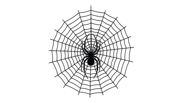 Detailed black silhouette of a spider sitting in the center of a symmetrical circular web