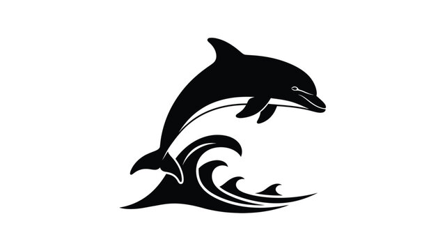 Jumping dolphin silhouette over stylized ocean waves isolated on a plain white background