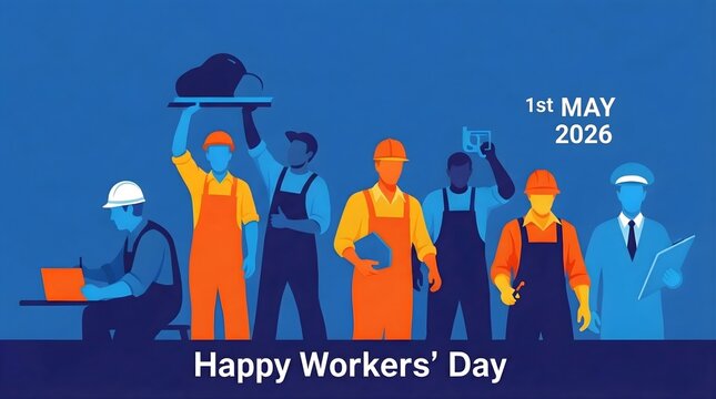 Illustration representing international workers day with diverse professional people silhouette on blue background for may first celebration honoring labor force and industrial employment dedication.