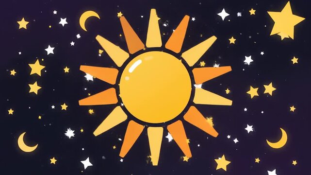 Stylized Sun and Moon with Stars in a Dark Night Sky.