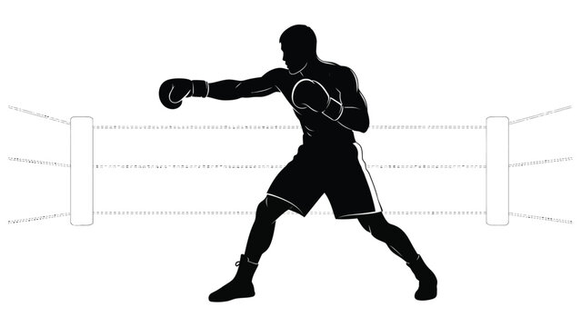 Silhouette of a boxer throwing a punch inside a boxing ring with ropes isolated sport