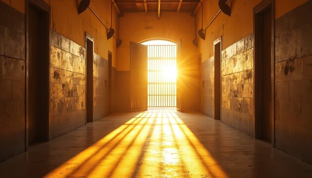 Prison corridor with open gates bathed in bright sunlight. Light beams shine through bars casting long shadows on floor. Hope for new beginnings and freedom.