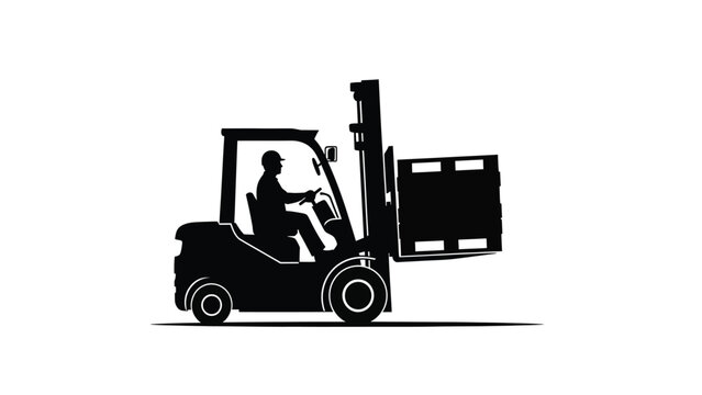 Silhouette of a forklift operator driving a vehicle carrying a heavy pallet of cargo goods
