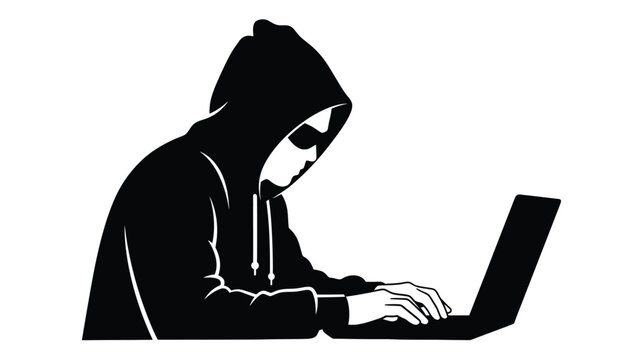 Silhouette of a hacker wearing a hooded sweatshirt typing on a laptop computer in the darkness