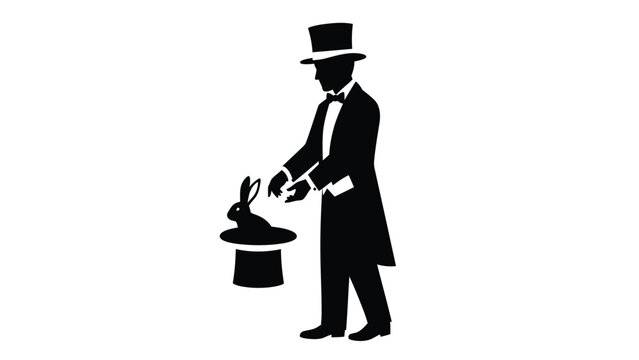 Silhouette of a magician in a hat performing a magic trick with a rabbit in a hat on white
