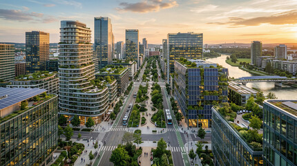 Obraz premium Sustainable City Infrastructure with Solar Panels and Modern Architecture at Sunset