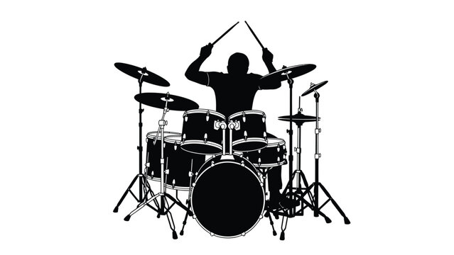 Silhouette of a musician playing a drum kit with cymbals and snare drums on white background