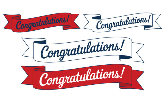 Four "congratulations!" banners in red and white with blue text