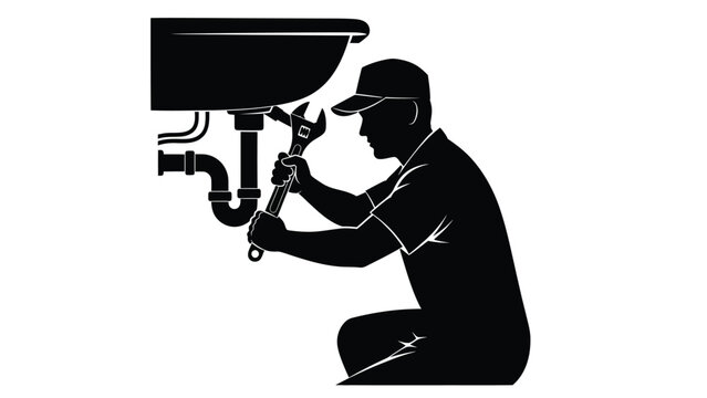 Silhouette of a plumber kneeling under a sink while using a wrench to repair metal pipework