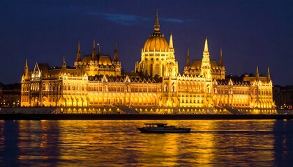 Fototapeta premium A large illuminated building with a golden dome on the waterfront at night