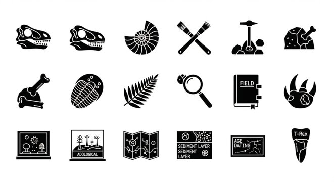 A collection of black and white vector icons depicting various paleontology and geology related symbols and tools.