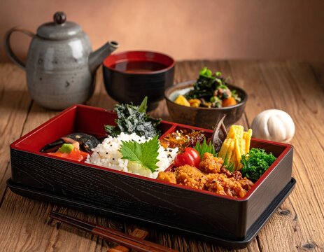 Japanese shasimi bento set on the wooden table