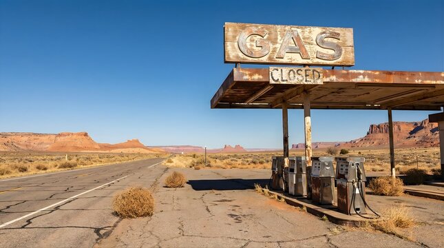 Abandoned gas station in monument valley, a weathered gas sign reads closed, tumbleweeds roll across cracked asphalt, red rock formations under clear sky.