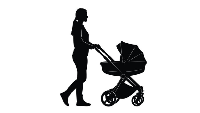 Silhouette of a woman walking and pushing a baby stroller carriage on a white background view