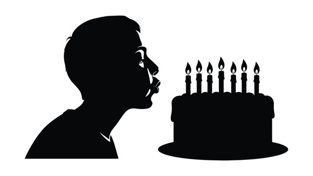 Silhouette of a young boy blowing out seven candles on a birthday cake isolated on white background