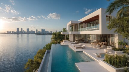 Fototapeta premium A luxurious modern house with a large pool overlooking a city skyline and a body of water