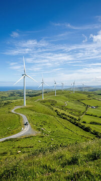 Group of Wind Turbines on Green Hills Under Clear Blue Sky
