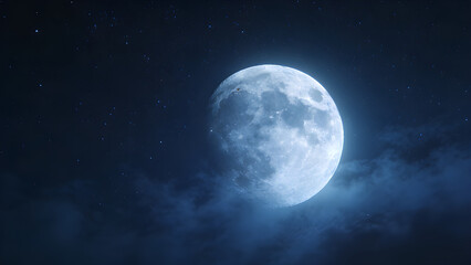 Fototapeta premium Mysterious luminous full moon glowing brightly in the dark night sky shrouded by ethereal wisps of clouds